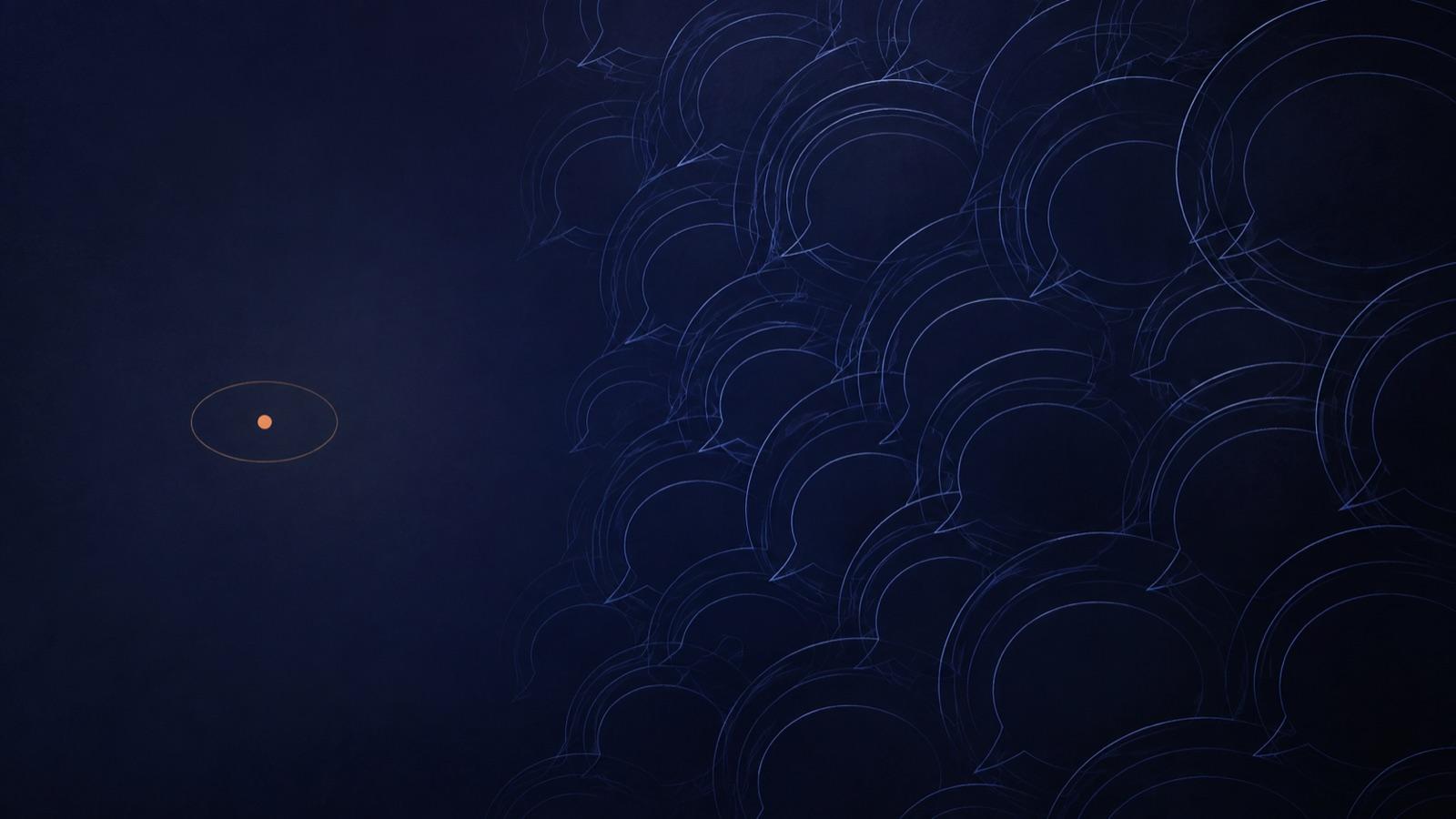 A crowd of overlapping outlined speech-bubble ripples on a dark blue field, and apart from them one small still terracotta dot with a single thin ring around it