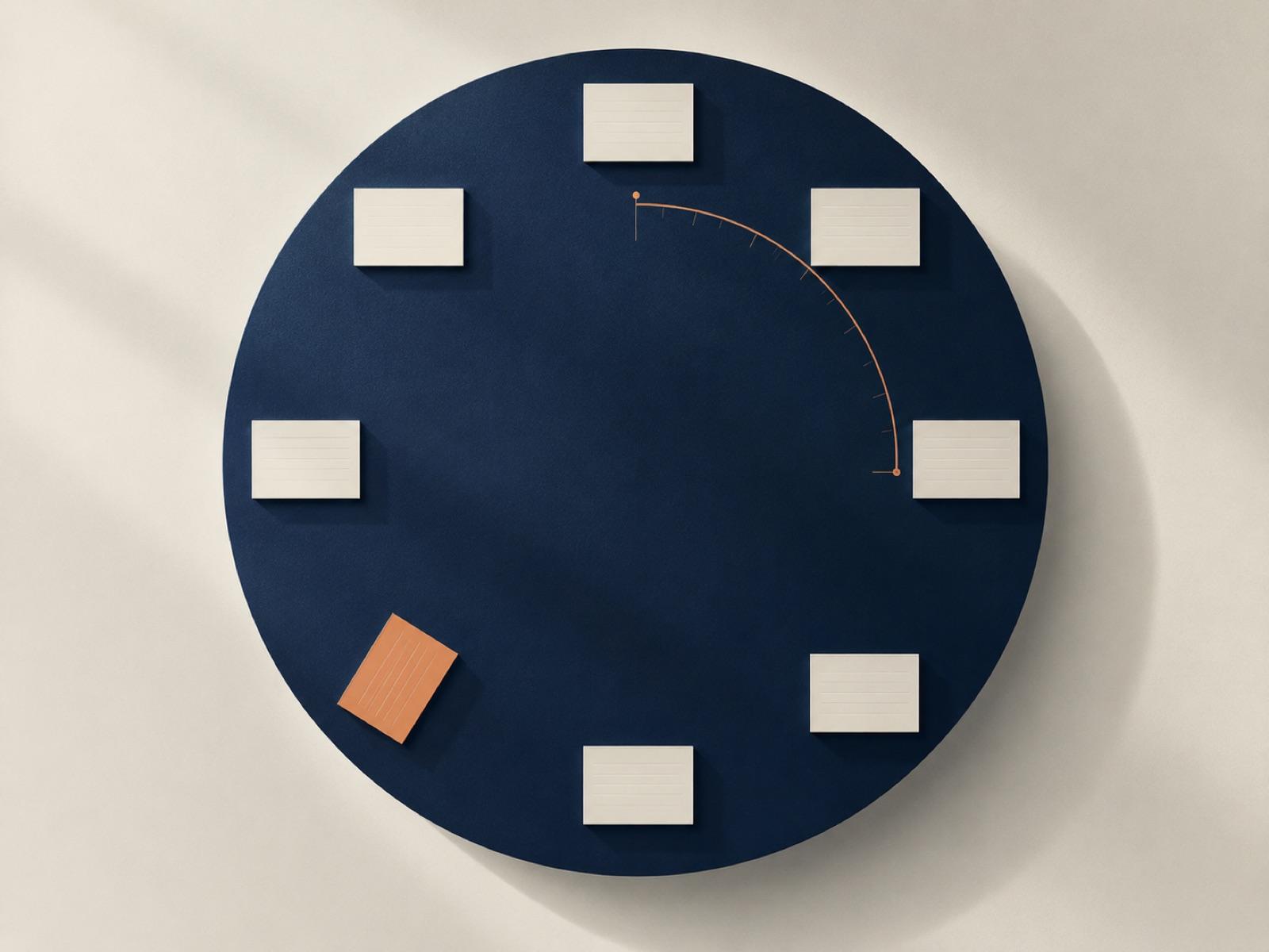 Overhead view of a round navy table with eight note cards arranged like place settings, one terracotta card slightly turned, and a thin clock arc sweeping a quarter of the circle
